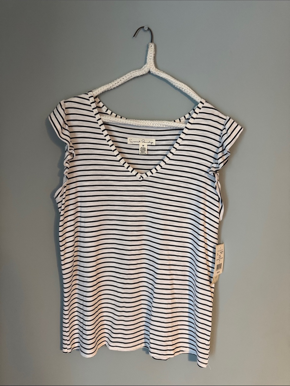 NWT French Laundry White and Black Striped V-Neck Flutter-Sleeve Tee